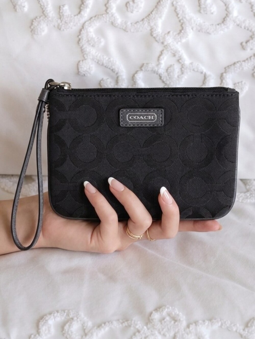 Gray Coach Signature Zip Wristlet With Iconic C Fabric And Coach Leather NWT